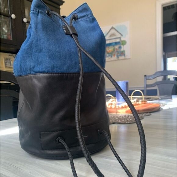 Rag & Bone Walker Cinched Drawstring Leather & Denim Backpack Bag - Picture 2 of 6